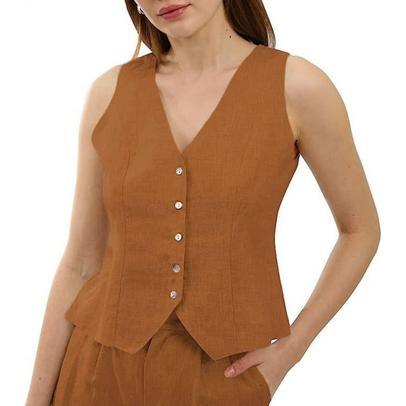 Amazhiyu Womens Pure Linen Sleeveless Button Down V Neck Crop Top Summer Causal Vest Waistcoat