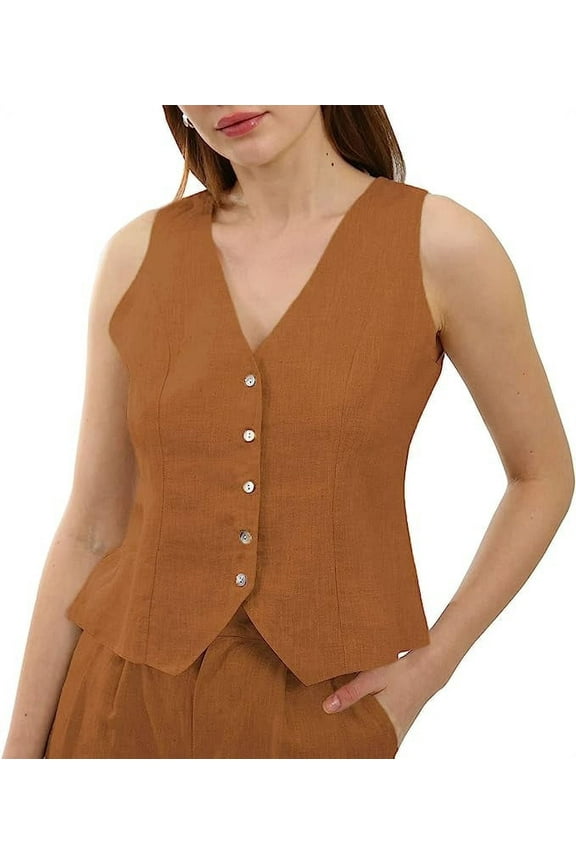 Womens Pure Linen Sleeveless Button Down V Neck Crop Top Summer Causal Vest Waistcoat