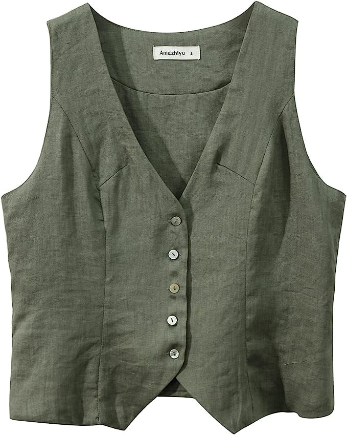 Muted Peach Sleeveless Boat Neck Linen Vest