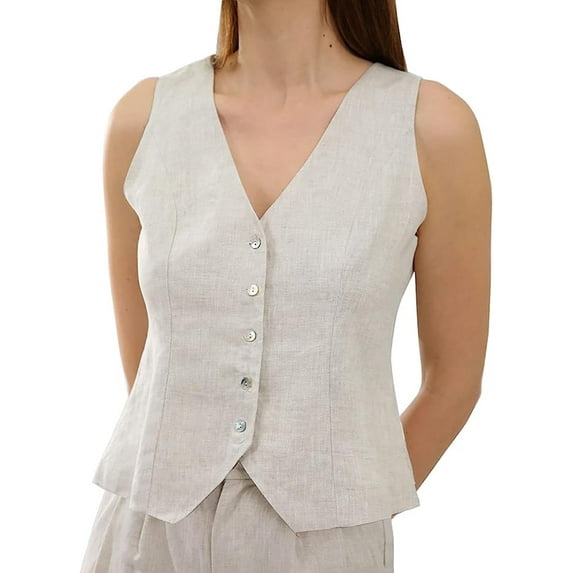 Amazhiyu Womens Pure Linen Sleeveless Button Down V Neck Crop Top Summer Vest Waistcoat