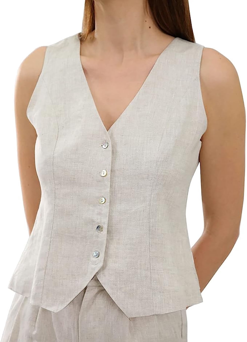 Women's Linen Tank Top - 100% Linen V-Neck Sleeveless Summer Top With Back Ties