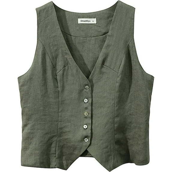 Amazhiyu Womens Pure Linen Sleeveless Button Down V Neck Crop Top Summer Vest Waistcoat