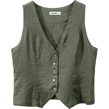 Amazhiyu Womens Pure Linen Sleeveless Button Down V Neck Crop Top Summer Vest Waistcoat