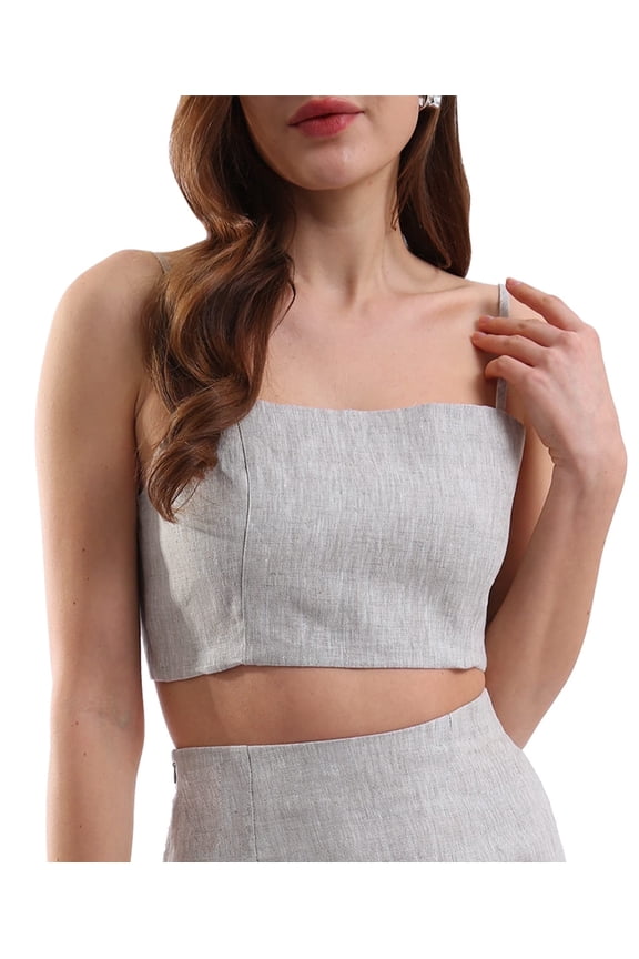 Womens Pure Linen Spaghetti Strap Crop Camisole Summer Strappy Tank Tops