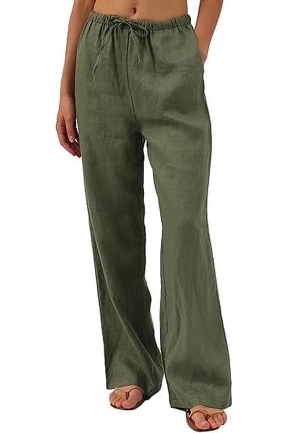 Womens Pure Linen Summer Drawstring Flowy Wide Leg Pants with Pockets