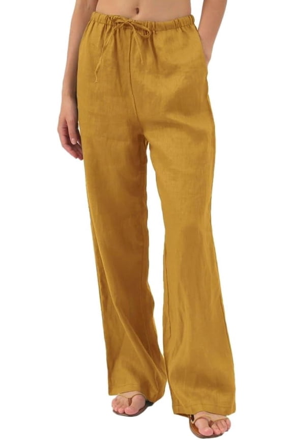Womens Pure Linen Summer Drawstring Flowy Wide Leg Pants with Pockets