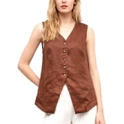 Amazhiyu Womens Pure Linen Waistcoat, Summer Sleeveless Button Down V Neck Linen Waist Crop Top