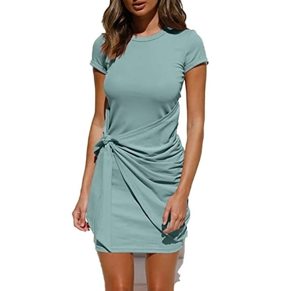Amazhiyu Womens Short Sleeve Round Neck Mini Dresses Tie Front Wrap Waist Ruched Summer Bodycon Short Dresses