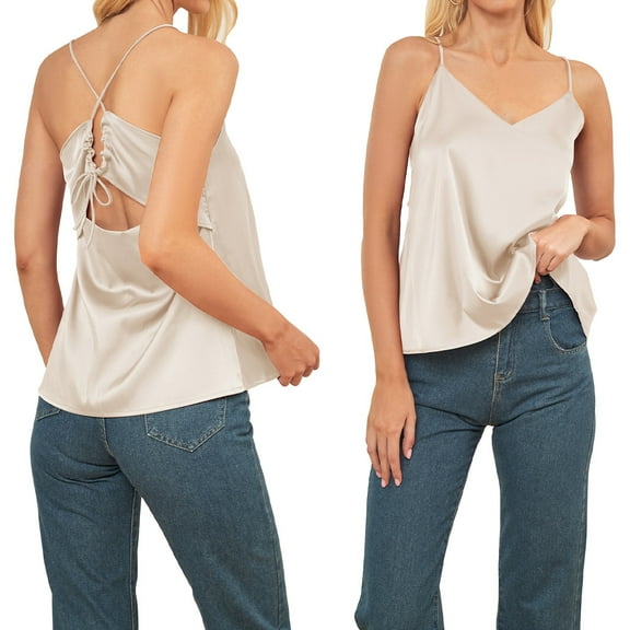Amazhiyu Womens Spaghetti Strap Tank Tops Casual Summer V Neck Sleeveless Camisole Silk Satin Cami Top