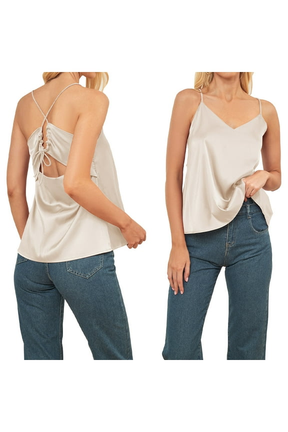 Womens Spaghetti Strap Tank Tops Casual Summer V Neck Sleeveless Camisole Silk Satin Cami Top