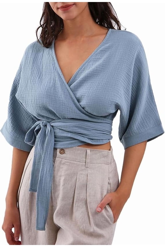 Womens Summer Short Sleeve Crop Tops Cotton V Neck Self Tie Wrap Blouse