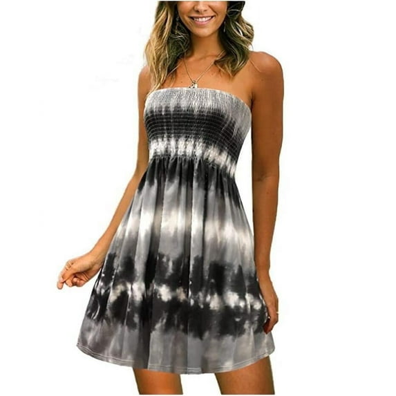 Amazhiyu Womens Summer Strapless Dresses Satin Tie Dye Smocked Waist Sexy Mini Sundress