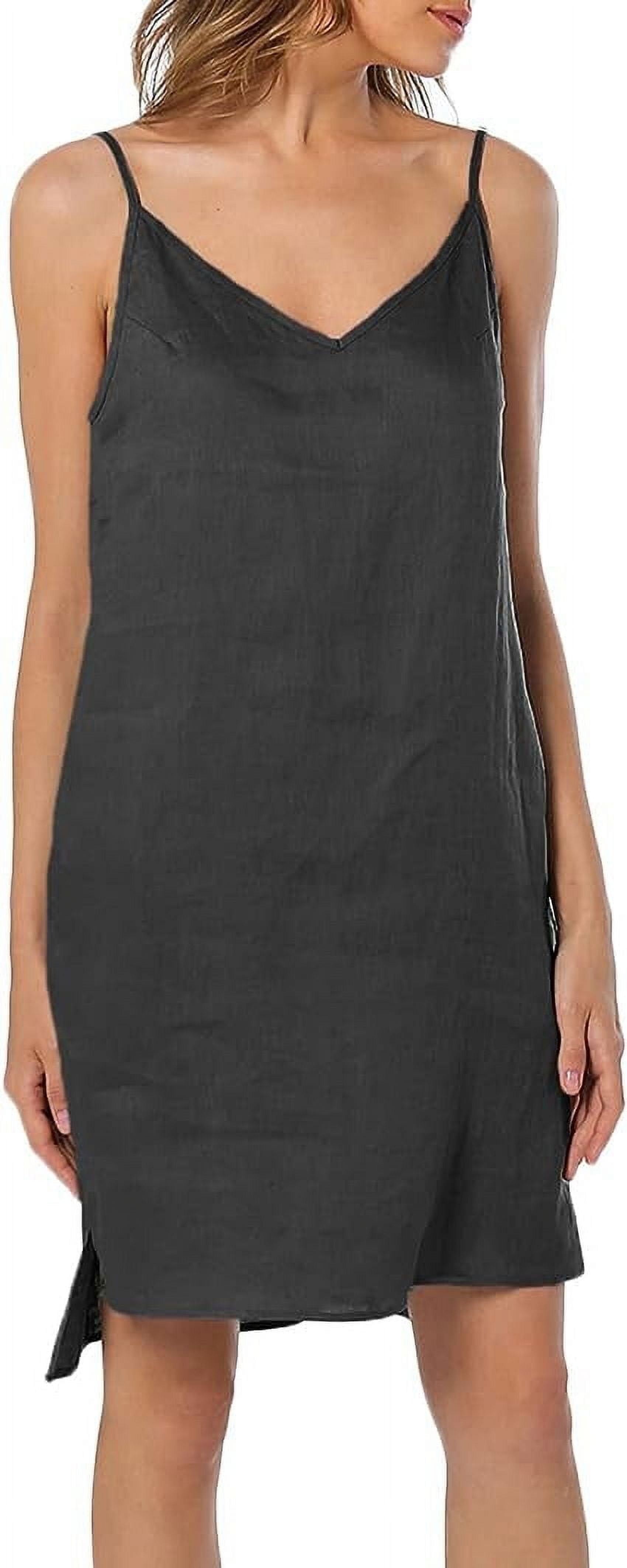 Amazhyu 100% Linen V Neck Spaghetti Strap Sleeveless Summer Causal Dresses with Slit for Women