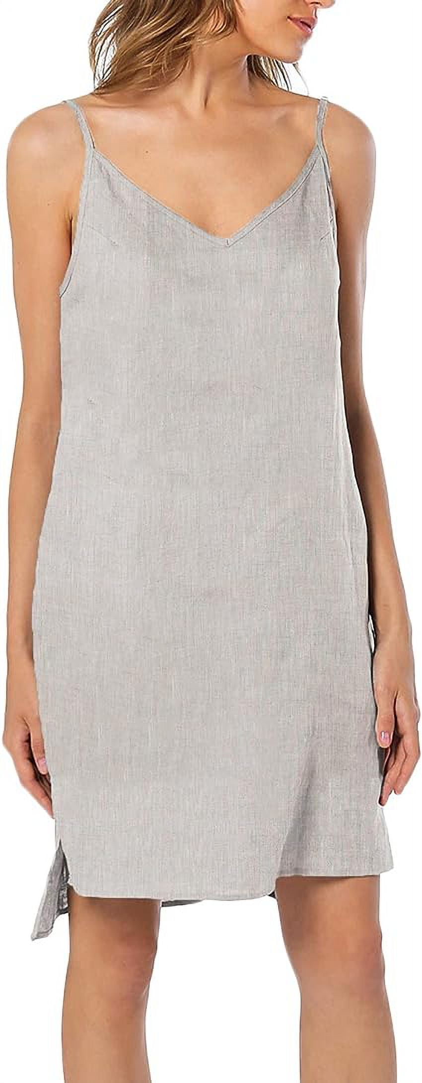 Amazhyu 100% Linen V Neck Spaghetti Strap Sleeveless Summer Causal Dresses with Slit for Women