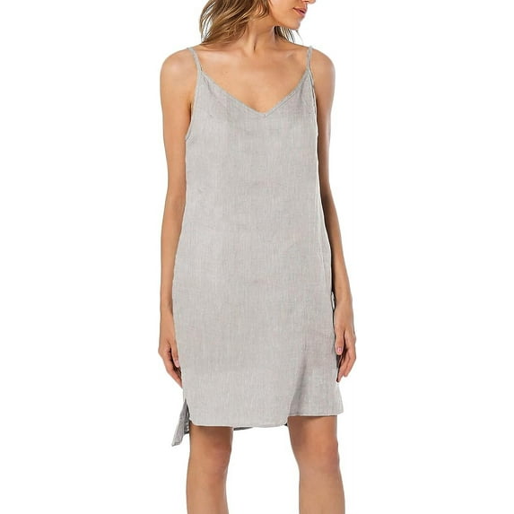 Amazhyu 100% Linen V Neck Spaghetti Strap Sleeveless Summer Causal Dresses with Slit for Women