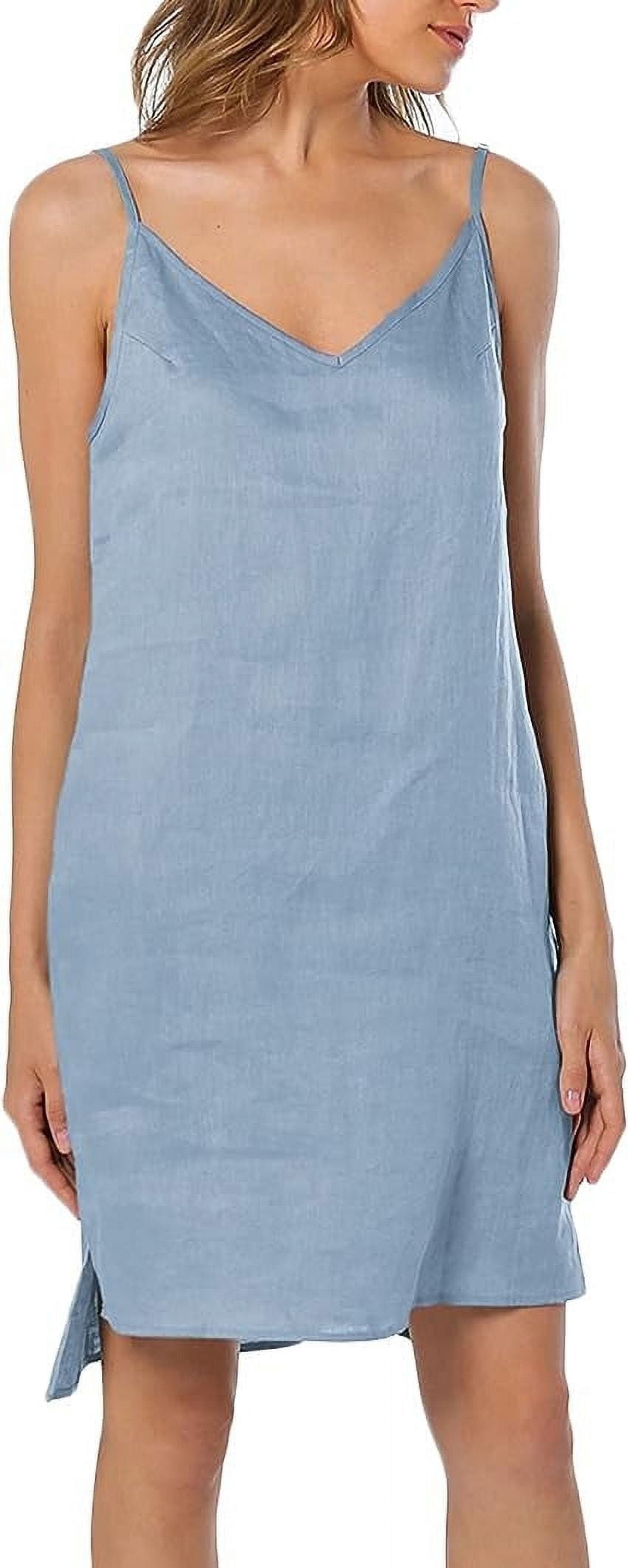 Amazhyu 100% Linen V Neck Spaghetti Strap Sleeveless Summer Causal Dresses with Slit for Women