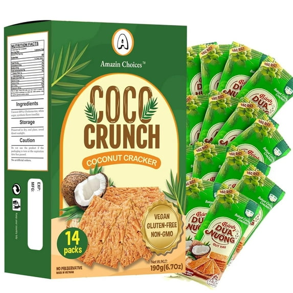 Amazin Choices COCO Crunch Coconut Snack Crackers, Gluten Free and Vegan Snacks for Kids and Adults, 14-Pack