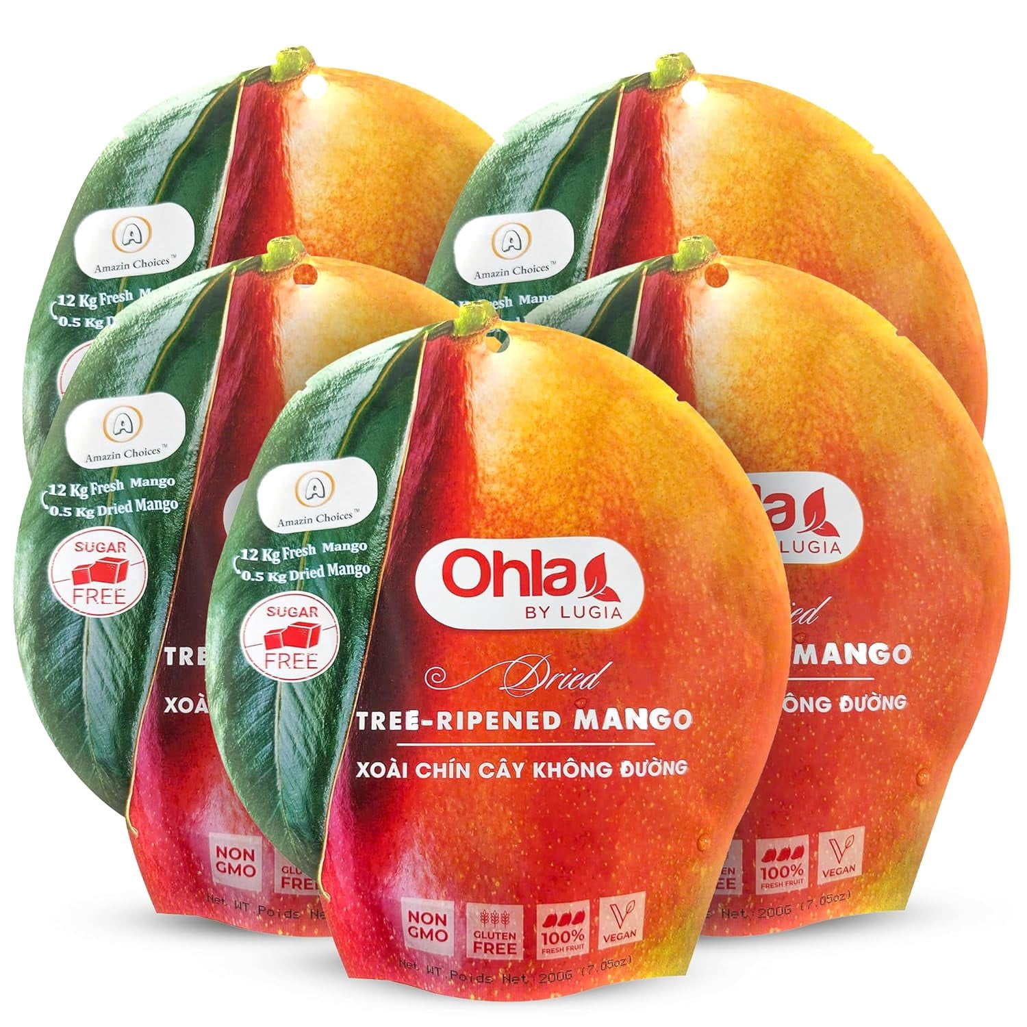 (5 pack) Amazin Choices Dried Tree-Ripened Mango Slices, Sugar-Free, Vegan, Gluten-Free, Fruit Snack, 7.05 oz