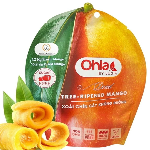 Amazin Choices Dried Tree-Ripened Mango Slices, Sugar-Free, Vegan, Gluten-Free, Fruit Snack, 7.05 oz