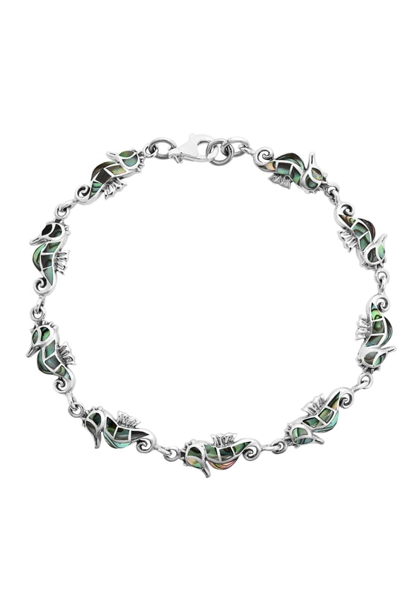 Amazing Abalone Shell Inlays with .925 Sterling Silver Seahorse Link Bracelet