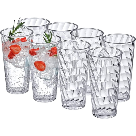 Amazing Abby - Glacier - 18-Ounce Plastic Tumblers (Set of 8), Plastic Drinking Glasses, All-Clear Reusable Plastic Cups, Stackable, BPA-Free, Shatter-Proof, Dishwasher-Safe