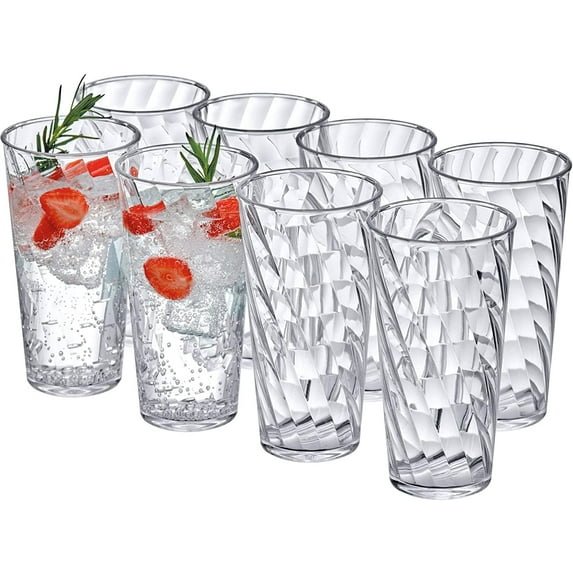Amazing Abby - Glacier - 18-Ounce Plastic Tumblers (Set of 8), Plastic Drinking Glasses, All-Clear Reusable Plastic Cups, Stackable, BPA-Free, Shatter-Proof, Dishwasher-Safe