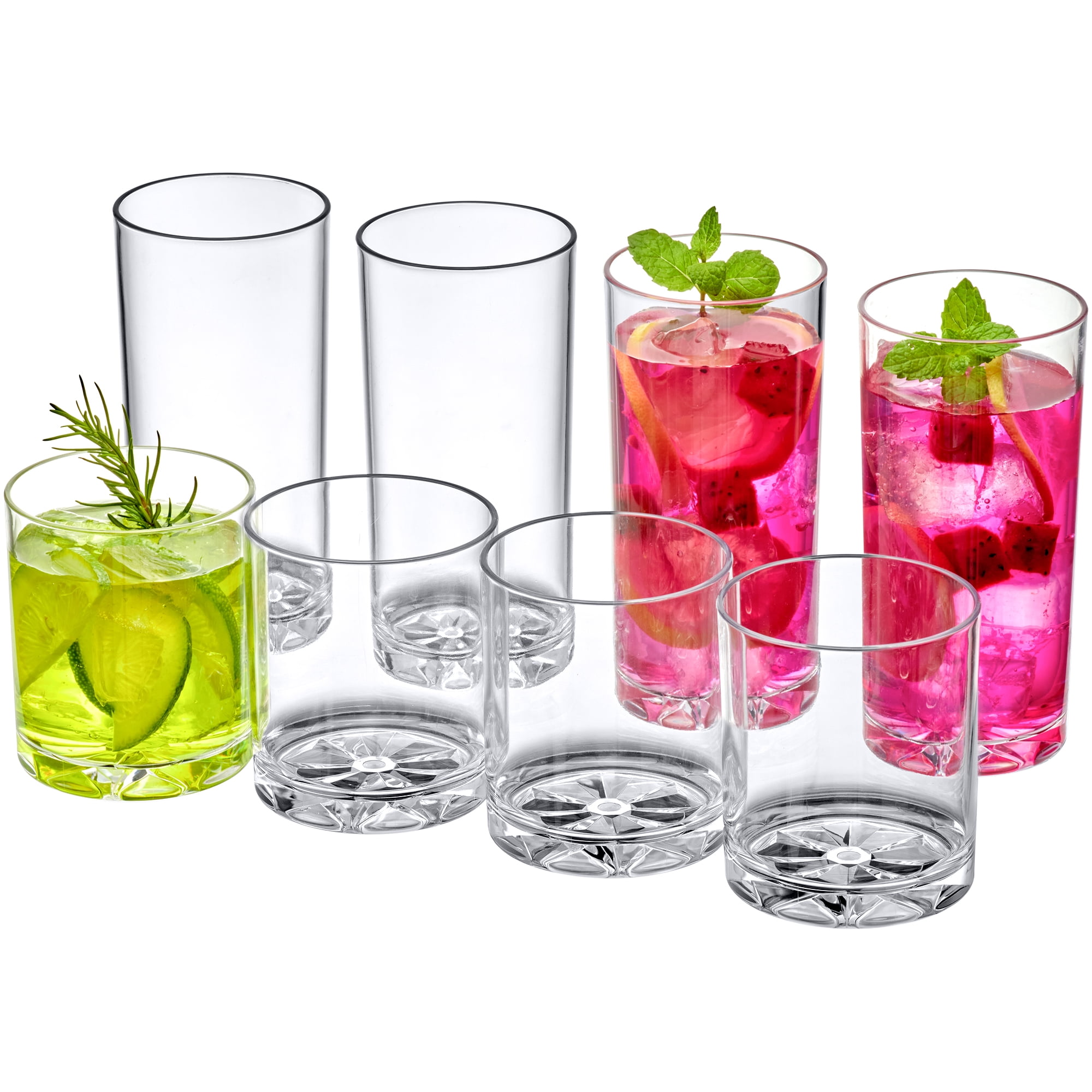 Amazing Abby - Liberty - 12-Ounce and 16-Ounce Plastic Tumblers (Set of 8), Plastic Drinking Glasses, All-Clear Reusable Plastic Cups, BPA-Free, Shatter-Proof, Dishwasher-Safe