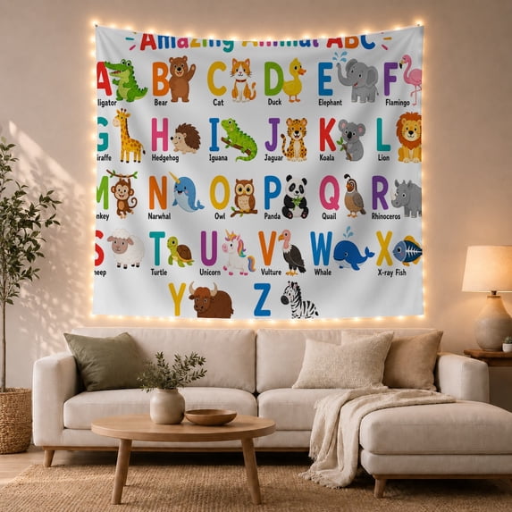 Amazing Animal Abc with and Alligator with the, Playful Illustration for Cat Lovers, Animal Wall Decor, Friendship Gift, Tapestry Wall Hanging for Bedroom and Dorm
