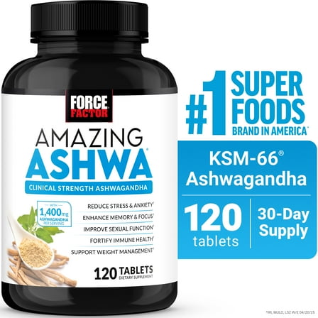 Force Factor Amazing Ashwa with KSM-66 Ashwagandha for Stress Relief, Cortisol Balance, Memory, Focus & Immune Health, Clinical Strength, 120 Tablets