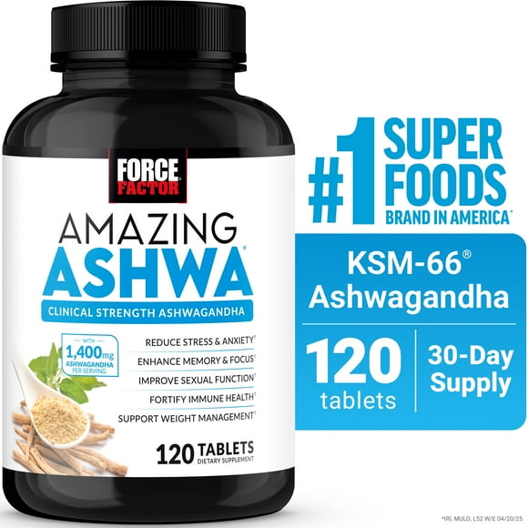 Force Factor Amazing Ashwa with KSM-66 Ashwagandha for Stress Relief, Cortisol Balance, Memory, Focus & Immune Health, Clinical Strength, 120 Tablets