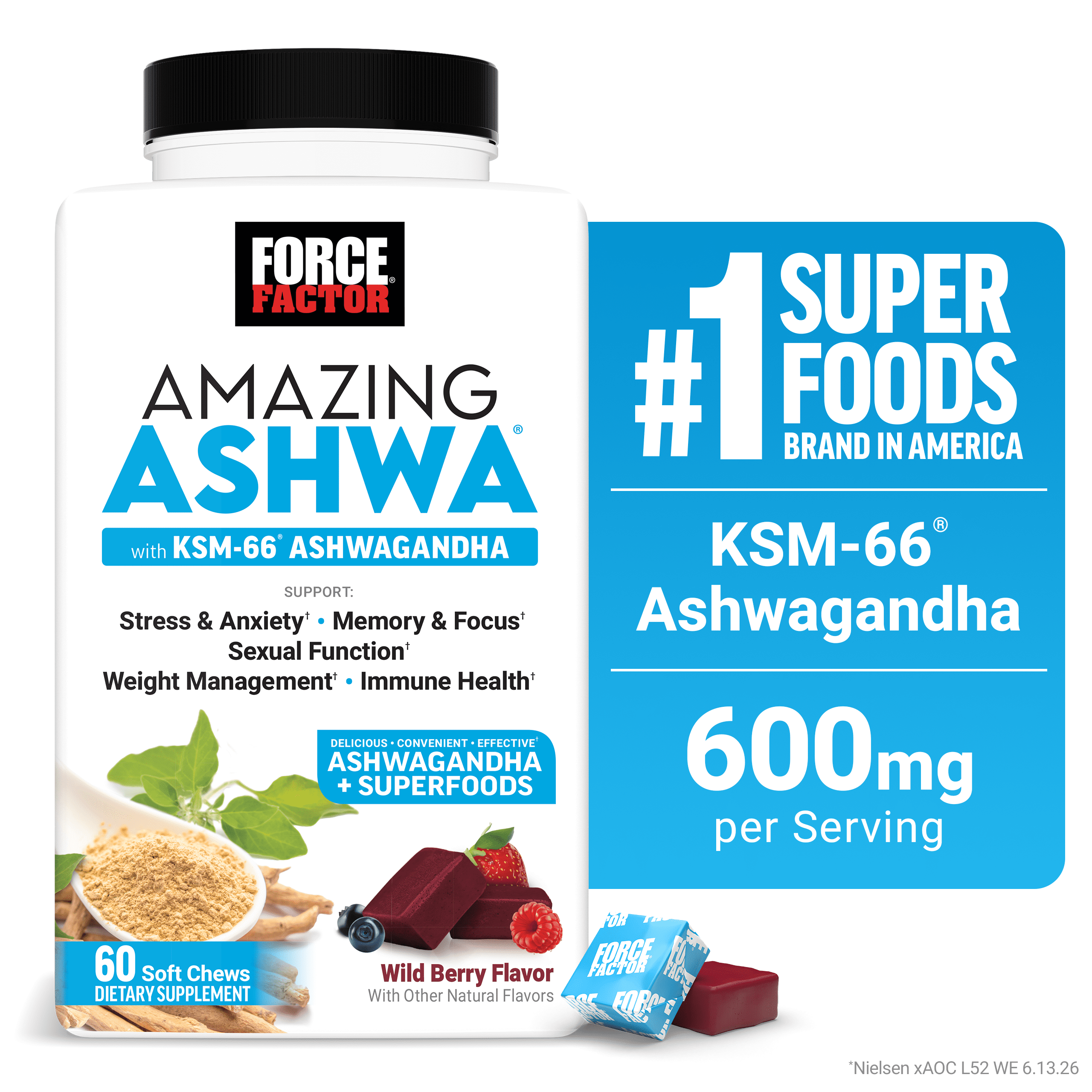 Force Factor Amazing Ashwa with KSM-66 Ashwagandha & L-Theanine for Stress Relief, Relaxation & Cortisol Balance, Triple Berry, 60 Soft Chews