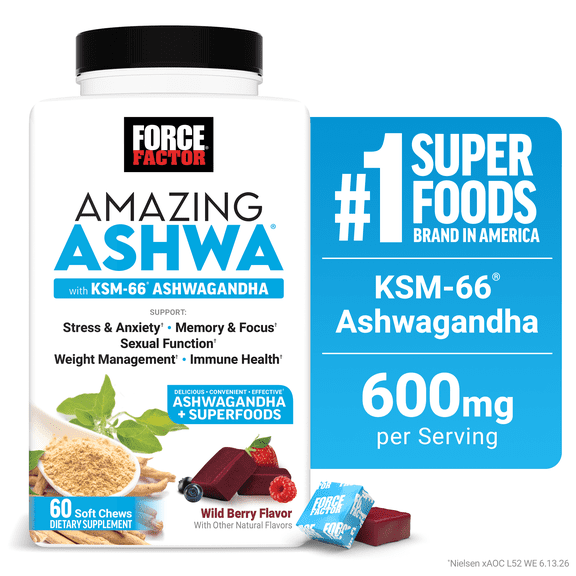 Force Factor Amazing Ashwa with KSM-66 Ashwagandha & L-Theanine for Stress Relief, Relaxation & Cortisol Balance, Triple Berry, 60 Soft Chews