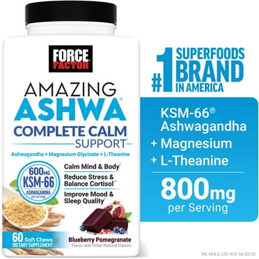 Force Factor Amazing Ashwa Complete Calm Support, KSM-66 Ashwagandha for Stress Relief, Relaxation & Sleep, Blueberry-Pomegranate, 60 Soft Chews