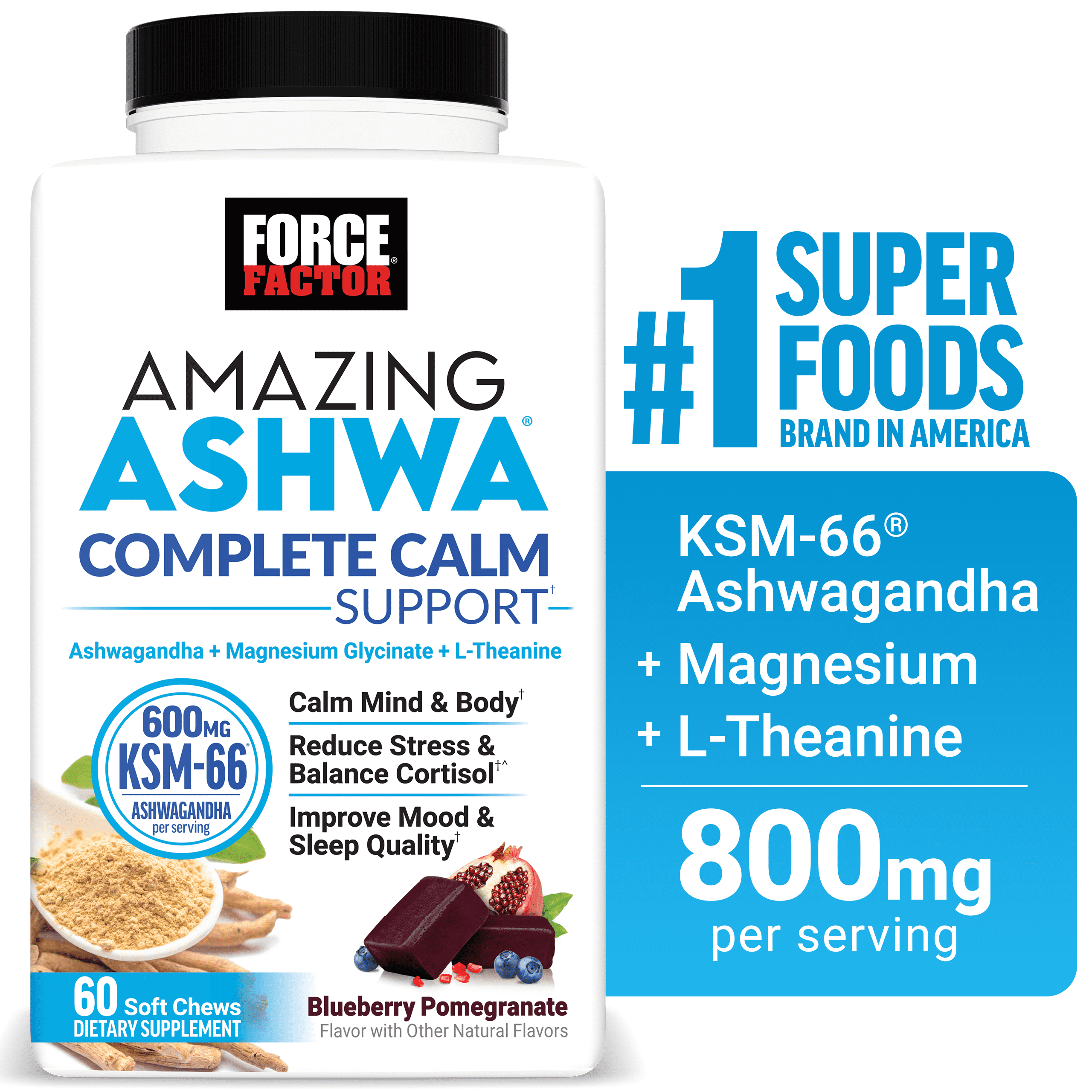 Amazing Ashwa Complete Calm Support, KSM-66 Ashwagandha, Promote Calm & Relaxation with Magnesium & L-Theanine, Ashwangandha Gummies Alternative, Blueberry Pomegranate, 60 Soft Chews by Force Factor