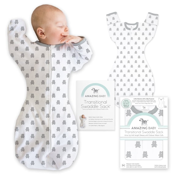 Amazing Baby Transitional Swaddle Sack with Arms Up Half-Length Sleeves and Mitten Cuffs, Better Sleep for Baby Boy & Baby Girl, Tiny Bear, Medium 3-6 Mo, 14-21 lbs