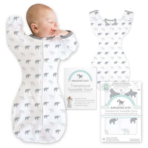 Amazing Baby Transitional Swaddle Sack with Arms Up Half-Length Sleeves and Mitten Cuffs, Better Sleep for Baby Boy & Baby Girl, Tiny Elephants, Sterling, Medium, 3-6 Mo, 14-21 lbs