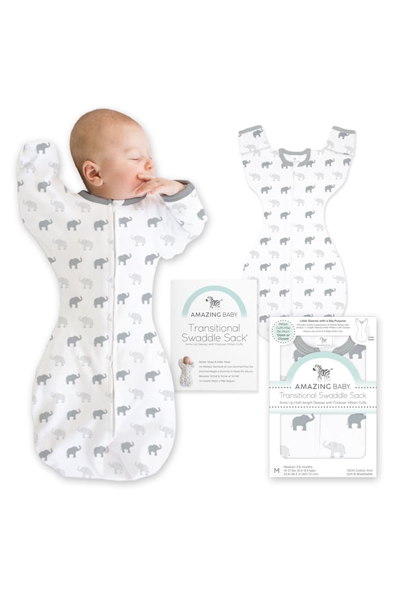 Transitional Swaddle Sack with Arms Up Half-Length Sleeves and Mitten Cuffs, Better Sleep for Baby Boy & Baby Girl, Tiny Elephants, Sterling, Medium, 3-6 Mo, 14-21 lbs