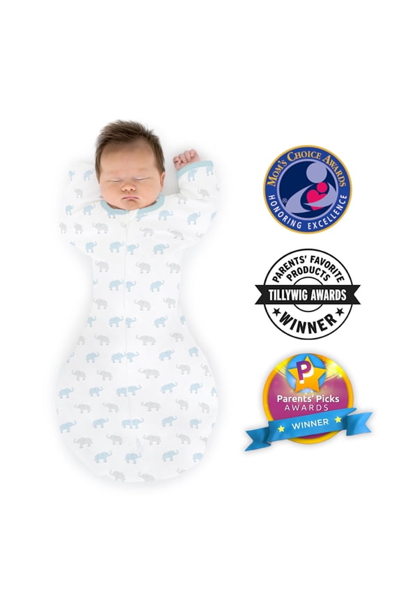 Transitional Swaddle Sack with Arms Up Half-Length Sleeves and Mitten Cuffs, Better Sleep for Baby Boy, Tiny Elephants, Blue, Medium, 3-6 Mo, 14-21 lbs