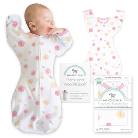 Amazing Baby Transitional Swaddle Sack, Arms Up Swaddle with Half-Length Sleeves & Mitten Cuffs, Easy Transition Swaddle Sleep Sack, Small, 0-3 Months, 6-14 lb, Little Watercolor Roses
