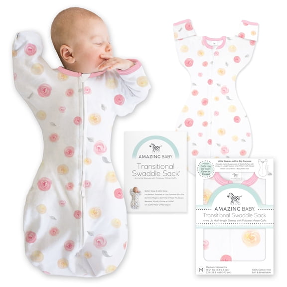 Amazing Baby Transitional Swaddle Sack, Arms Up Swaddle with Half-Length Sleeves & Mitten Cuffs, Easy Transition Swaddle Sleep Sack, Small, 0-3 Months, 6-14 lb, Little Watercolor Roses