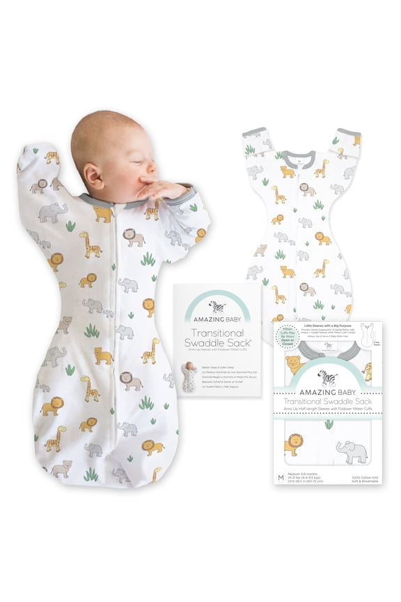 Transitional Swaddle Sack, Arms Up Swaddle with Half-Length Sleeves & Mitten Cuffs, Easy Transition Swaddle Sleep Sack, Small, 0-3 Months, 6-14 lb, On Safari