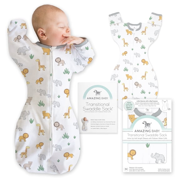 Amazing Baby Transitional Swaddle Sack, Arms Up Swaddle with Half-Length Sleeves & Mitten Cuffs, Easy Transition Swaddle Sleep Sack, Small, 0-3 Months, 6-14 lb, On Safari