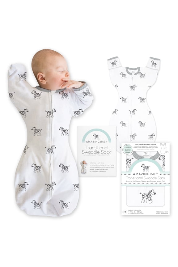 - Transitional Swaddle Sack - Arms Up 1/2-Length Sleeves & Mitten Cuffs, Tiny Zebra, Medium 3-6 Months