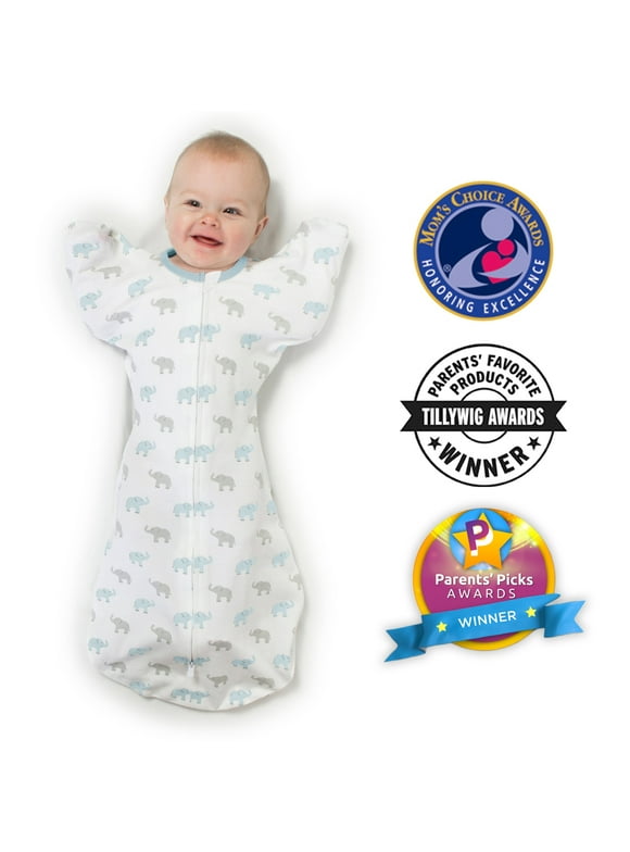 Amazing Baby Transitional Swaddle Sack with Arms Up Half-Length Sleeves and Mitten Cuffs, Better Sleep for Baby Boy, Tiny Elephants, Blue, Medium, 3-6 Mo, 14-21 lbs