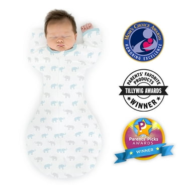 Amazing Baby Transitional Swaddle Sack with Arms Up Half-Length Sleeves and Mitten Cuffs, Better Sleep for Baby Boy, Tiny Elephants, Blue, Small, 0-3 Mo, 6-14 lbs