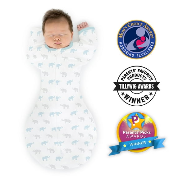 Amazing Baby Transitional Swaddle Sack with Arms Up Half-Length Sleeves and Mitten Cuffs, Better Sleep for Baby Boy, Tiny Elephants, Blue, Small, 0-3 Mo, 6-14 lbs