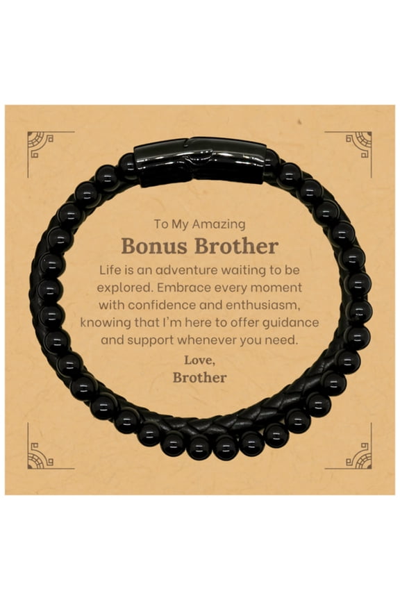 To My Amazing Bonus Brother Supporting Stone Leather Bracelets, Life is an adventure waiting to be explored, Birthday Unique Gifts for Bonus Brother from Brother
