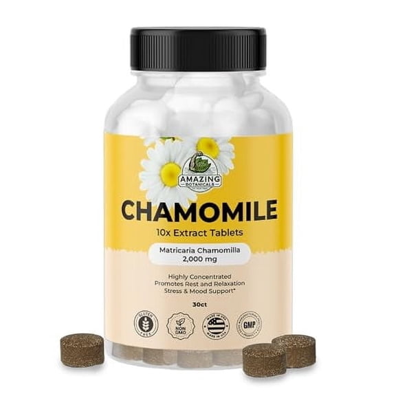 Amazing Botanicals Organic Chamomile Extract Tablets - Matricaria Chamomilla Plant-Based Supplement - 10x Extract 2000 MG Each - Relief Stress, Promotes Relaxation, 30 Tablets