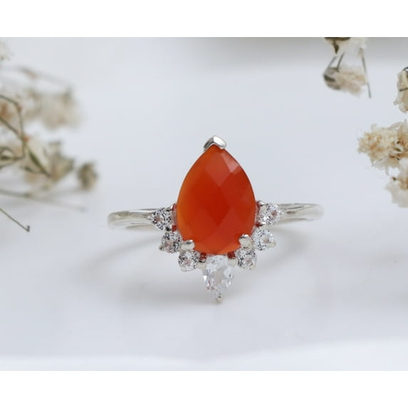 Amazing Carnelian Agate Engagement Ring-Unique Agate Promise Ring Sterling Silver-Agate Halo Ring Gift For Her-Red Carnelian Wedding Ring
