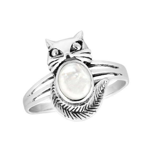 Amazing Cat w/ Oval Mother of Pearl Inlay Sterling Silver Statement Ring for Female Anniversary Jewelry Gift Size-8